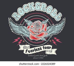 Rose rock graphic t-shirt print design. Eagle wing rock and roll vector print illustration. Fearless music tour.