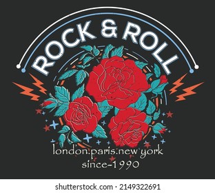 Rose Rock And Roll Vector Print Design. Rocking Graphic Print For Posters, Stickers, Background And Others. Wild Flower Music Logo Artwork. 