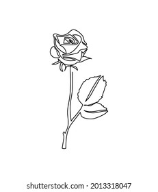Rose, rosebud with leaves flower one line art. Continuous line drawing of plants, herb, flower, blossom, nature, flora, garden flowers.