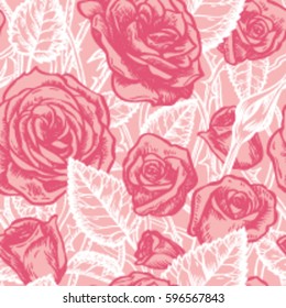 Rose roses and leaves vector seamless pattern