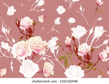 Rose roses seamless pattern. On pink background. Colored and outline design. Vector illustration.
