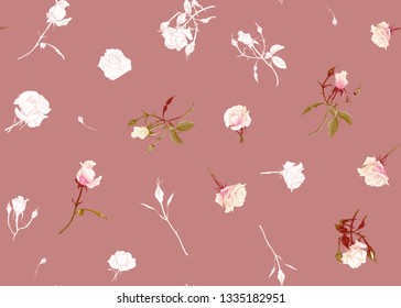 Rose roses seamless pattern. On pink background. Colored and outline design. Vector illustration.