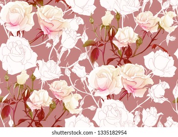 Las rosas rosas son un patrón sin fisuras. Sobre fondo rosa. Diseño en color y esquema. Ilustración vectorial.