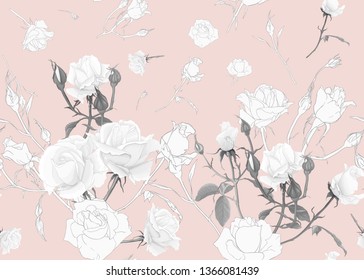 Rose roses seamless pattern. On pink background. Colored and outline design. Vector illustration.