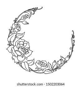 Rose Round Floral Frame, Simple Hand Drawn Illustration Skecth, Isolated Vector