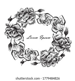 Marco redondo de rosa Lorem Ipsum. Original monocromo de tinta dibujado a mano flor diseño objeto aislado material ilustración vectorial para tatuaje, para bordado, para web, para impresión, para página de color