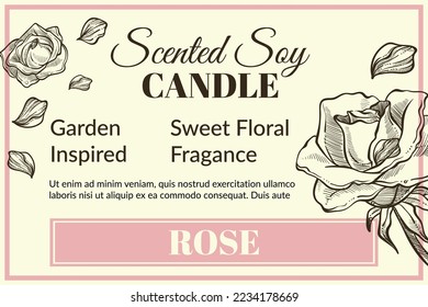 Rose scented soy candle with garden inspired fragrance and natural smell. Smell and flavor for aromatherapy. Monochrome sketch outline, package for product. Promo banner, vector in flat style
