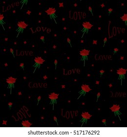 Rose Seamless. Beautiful seamless pattern with red roses love on black background.Vector illustration.
