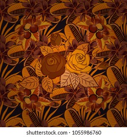 Rose seamless pattern background in orange, red and brown colors, retro botanical style. Stylish flowers print. Seamless tropical flower.