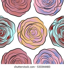Rose seamless pattern background in pink, red and neutral colors, retro botanical style. Stylish flowers print. Seamless tropical flower.