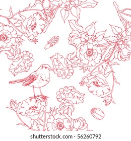 rose seamless pattern with bird