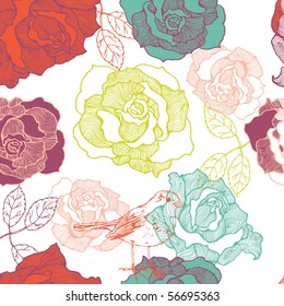 rose seamless pattern with bird