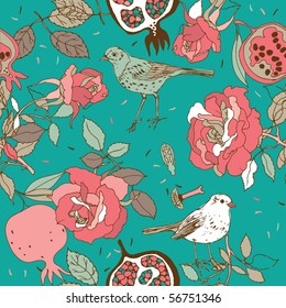 rose seamless pattern with birds and pomegranate