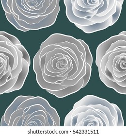 Rose seamless pattern in blue, gray and neutral colors. Spring abstract vector background with blue, gray and neutral roses. Flower blossom petal blooming illustration.