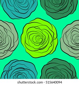 Rose seamless pattern in blue, green and neutral colors. Spring abstract vector background with blue, green and neutral roses. Flower blossom petal blooming illustration.