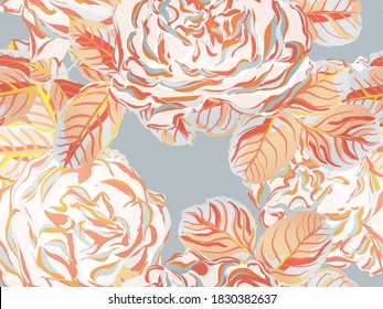 Rose Seamless Pattern. Botanic Rose Flower Swimwear Print. Rust Orange and Yellow Girly Hawaiian Peony Background. Continuous Floral Design.Summer Peonies Leaves and Buds Sleepwear Texture.