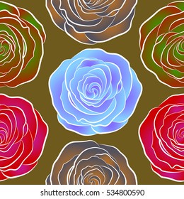 Rose seamless pattern in brown, violet and red colors. Spring abstract vector background with brown, violet and red roses. Flower blossom petal blooming illustration.