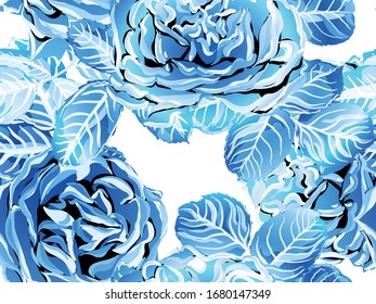 Rose Seamless Pattern. Continuous Floral Design.Summer Peonies Leaves and Buds Sleepwear Texture. Girly Hawaiian Peony Background. Classic Blue and Indigo Botanic Rose Flower Swimwear Print.