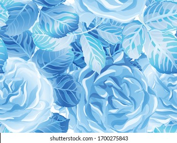 Rose Seamless Pattern. Continuous Floral Design.Summer Peonies Leaves and Buds Sleepwear Texture. Classic Blue and Indigo Botanic Rose Flower Swimwear Print. Girly Hawaiian Peony Background.