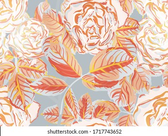 Rose Seamless Pattern. Continuous Floral Design.Summer Peonies Leaves and Buds Sleepwear Texture. Rust Orange and Yellow Girly Hawaiian Peony Background. Botanic Rose Flower Swimwear Print.