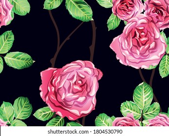Rose Seamless Pattern. Continuous Floral Design.Summer Peonies Leaves and Buds Sleepwear Texture. Girly Hawaiian Peony Background. Botanic Rose Flower Swimwear Print. Green and Red