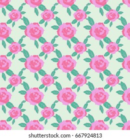 Rose seamless pattern with  embroidery stitches. Vector background.