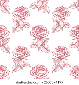 Rose seamless pattern. Engraving roses line art.
