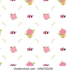 Rose seamless pattern floral doodle design flowers leaves ladybug spring background Pink vector