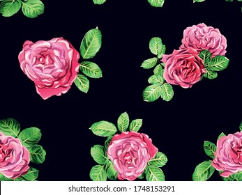 Rose Nahtlose Muster. Girly Hawaiian Peony Hintergrund. Kontinuierliches Blumendesign.Sommerspitzen Blätter und Schuhbekleidung Textur. Grüne und rote Botanische Rosenblütenschmuck Print.