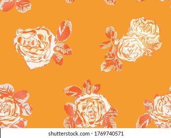 Rose Seamless Pattern. Girly Hawaiian Peony Background. Continuous Floral Design.Summer Peonies Leaves and Buds Sleepwear Texture. Botanic Rose Flower Swimwear Print. Rust Orange and Yellow