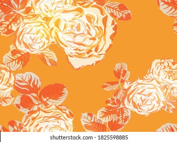 Rose Seamless Pattern. Girly Hawaiian Peony Background. Continuous Floral Design.Summer Peonies Leaves and Buds Sleepwear Texture. Rust Orange and Yellow Botanic Rose Flower Swimwear Print.