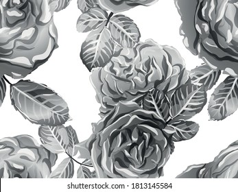 Rose Seamless Pattern. Monochrome, Black and White Continuous Floral Design.Summer Peonies Leaves and Buds Sleepwear Texture. Botanic Rose Flower Swimwear Print. Girly Hawaiian Peony Background.