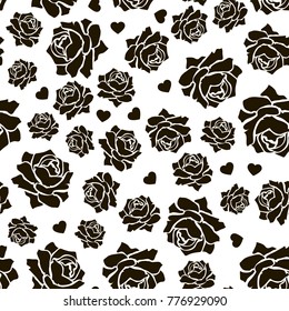 Rose seamless pattern Monochrome seamless pattern with vintage roses. Vector background with black flower silhouettes. Floral wallpaper