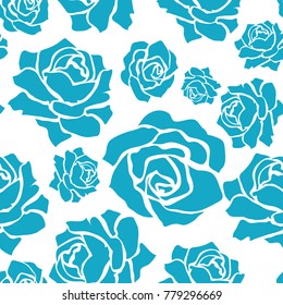 Rose seamless pattern. Monochrome seamless pattern with vintage roses. Vector background with blue flower silhouettes. Floral wallpaper