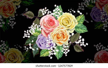 Rose seamless pattern on black background,vector illustration