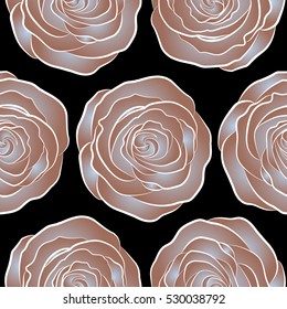 Rose seamless pattern on a black background. Spring abstract vector background with neutral and brown roses. Flower blossom petal blooming illustration.