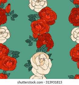 Rose Seamless Pattern on green background.