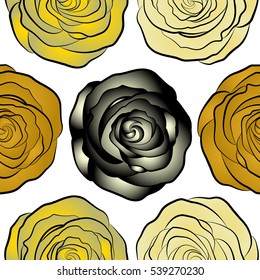 Rose seamless pattern on a white background. Spring abstract vector background with neutral, yellow and beige roses. Flower blossom petal blooming illustration.