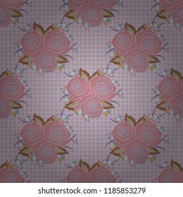 Rose seamless pattern in pink, brown and beige colors. Spring abstract vector background with pink, brown and beige roses. Flower blossom petal blooming illustration.