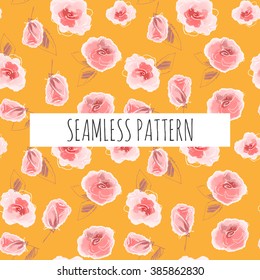 Rose Seamless Pattern. Pink rose flower sketch. Hand Drawn vector illustration. Watercolor flower background design.