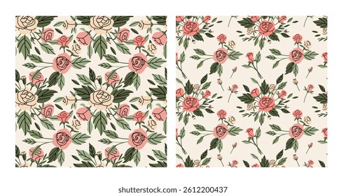 Rose seamless pattern. Pink flowers and green leaves. Decorative background, spring summer elegant elements. Textile, wrapping, wallpaper. Print for fabric. Vector cartoon flat isolated illustration