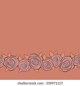 Rose seamless pattern in pink, orange and neutral colors. Spring abstract vector background with horizontal pink, orange and neutral roses. Flower blossom petal blooming illustration with copy space.