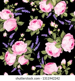 The Rose seamless pattern. Red Roses and lavender flowers on wallpaper, seamless pattern template. Vector illustration.