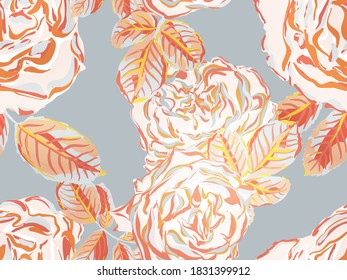Rose Seamless Pattern. Rust Orange and Yellow Continuous Floral Design.Summer Peonies Leaves and Buds Sleepwear Texture. Girly Hawaiian Peony Background. Botanic Rose Flower Swimwear Print.