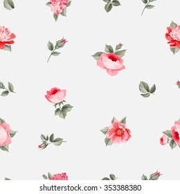 Rose seamless pattern with small buds over gray background. Luxurious floral wallapaper in vintage style. Vector illustration.