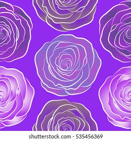 Rose seamless pattern in violet, purple and neutral colors. Spring abstract vector background with violet, purple and neutral roses. Flower blossom petal blooming illustration.