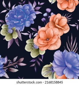 Rose seamless pattern with watercolor illustration on pastel background. Flowers with leaves on background. Seamless floral pattern, border. White background in vintage style.