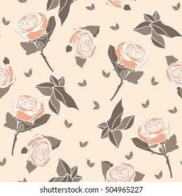 Rose secondary pattern featuring roses and leaves on a soft pink/nude background. Hand drawn illustration with isolated elements. Vintage vector wallpaper.