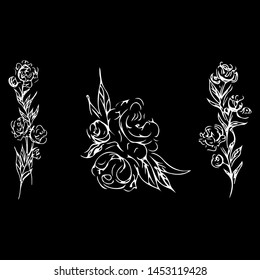 Rose set outline. Hand drawn vintage vector isolated set. Floral vector illustration. Graphic, sketch drawing. Drawing engraving. Vintage sketch black collection on white backdrop.