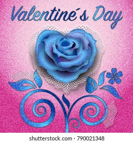 A rose in the shape of heart of blue denim fabric on a pink background with the inscriptions "Valentine's Day"